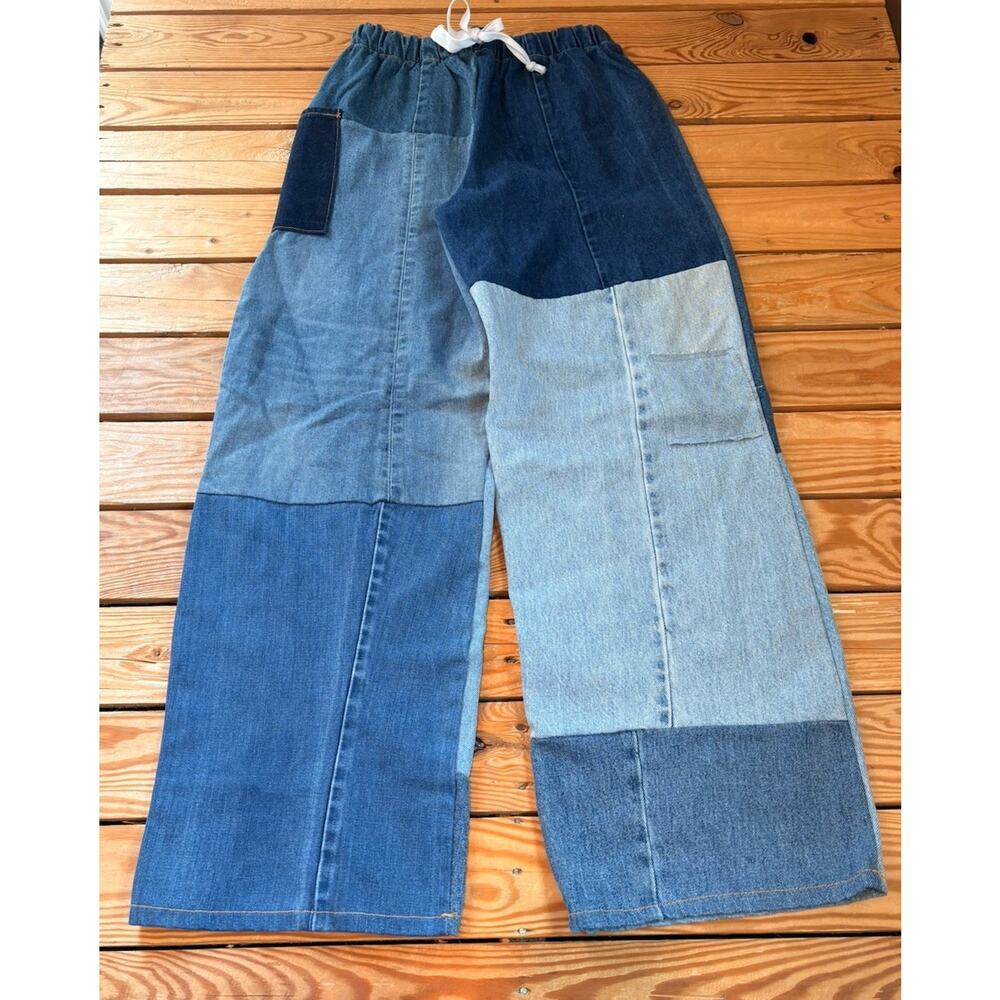 American recycled clothing NWT Women’s Drawstring patchwork jeans size S Blue Q5